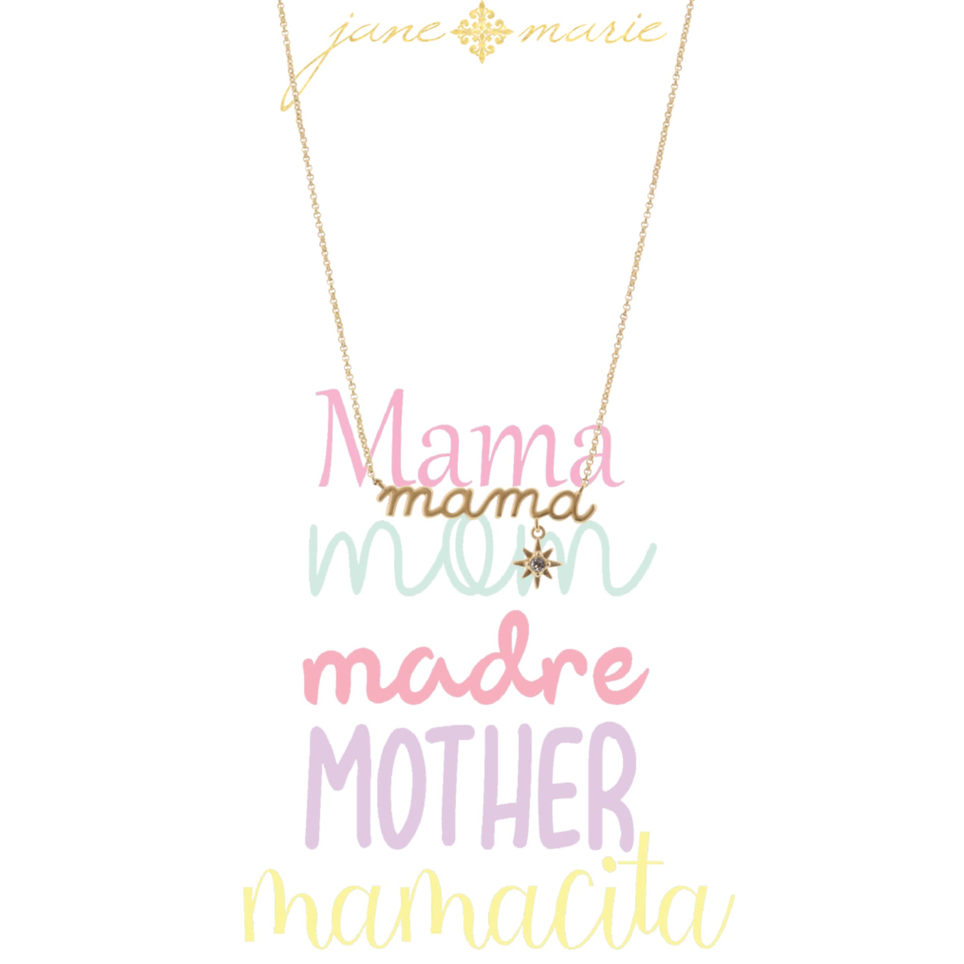 16" Gold, Scripty Mama with Starburst Drop Necklace, 3" Ext
