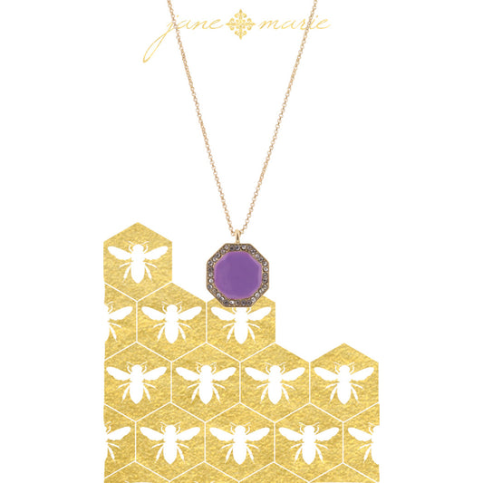 16" Purple Octogan with Clear Crystals on Gold Chain Necklace, 3" Ext