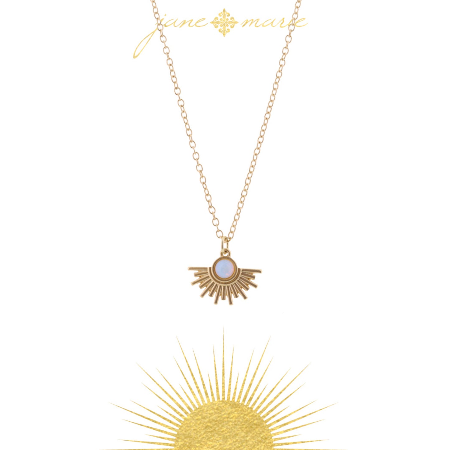 16" Moonstone Circle with Half Sunburst on Gold Chain Necklace, 3" Ext