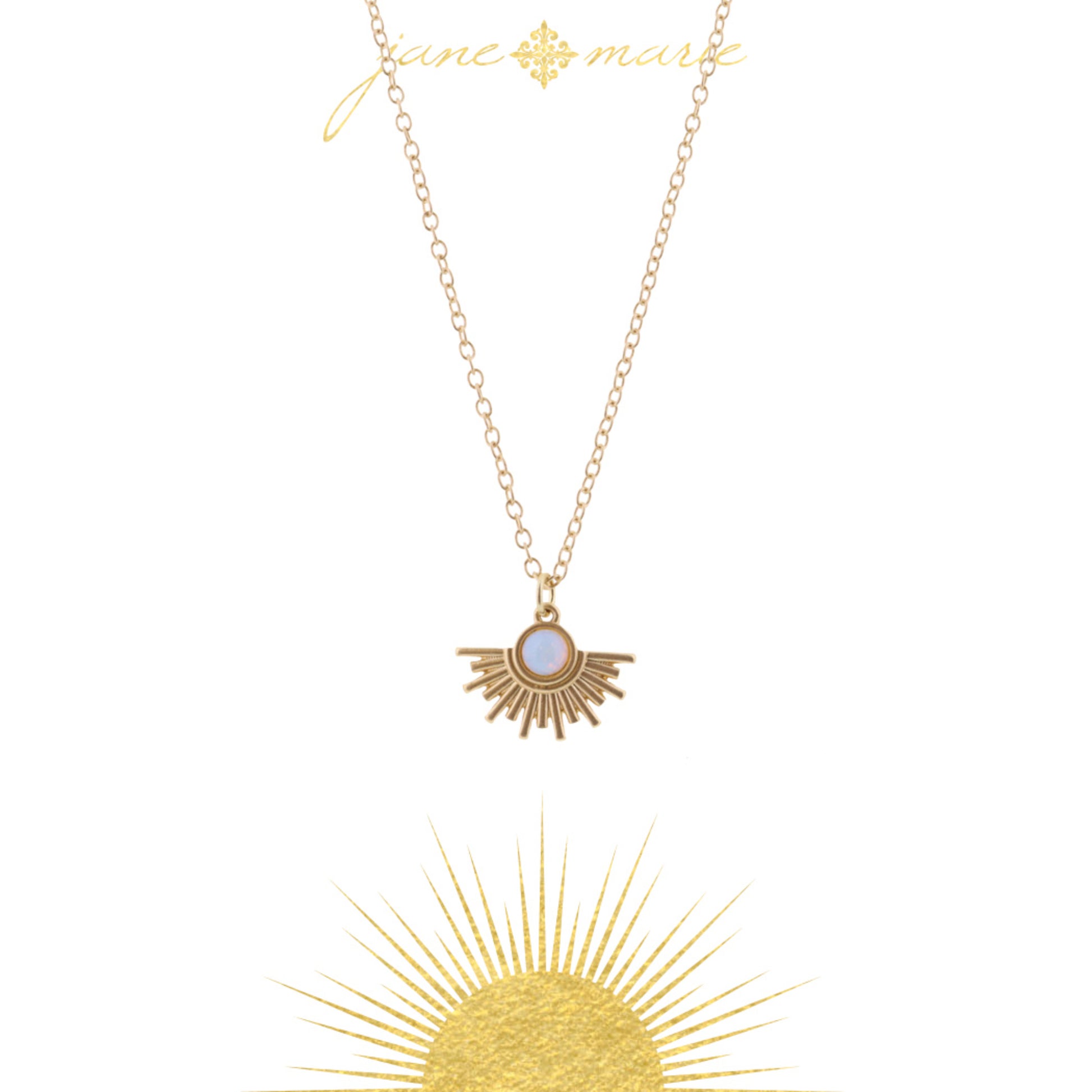 16" Moonstone Circle with Half Sunburst on Gold Chain Necklace, 3" Ext
