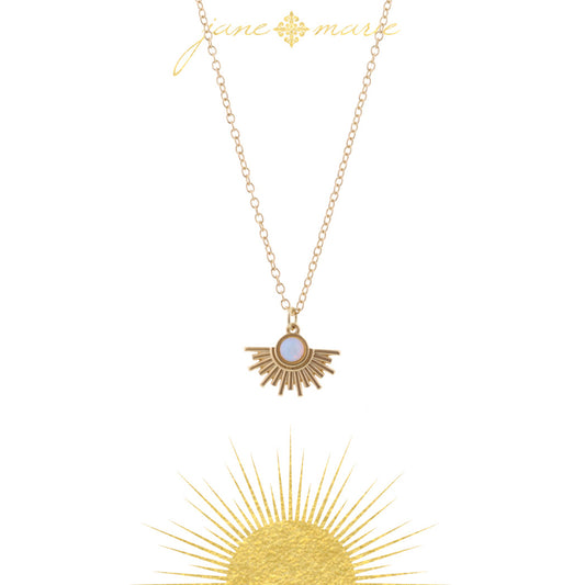 16" Moonstone Circle with Half Sunburst on Gold Chain Necklace, 3" Ext