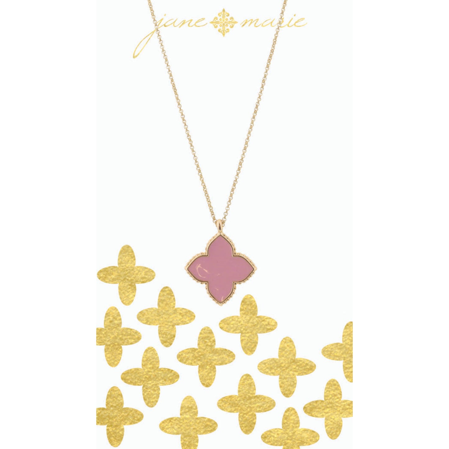 16" Pink Quatrefoil with Gold Edges on Gold Chain Necklace, 3" Ext