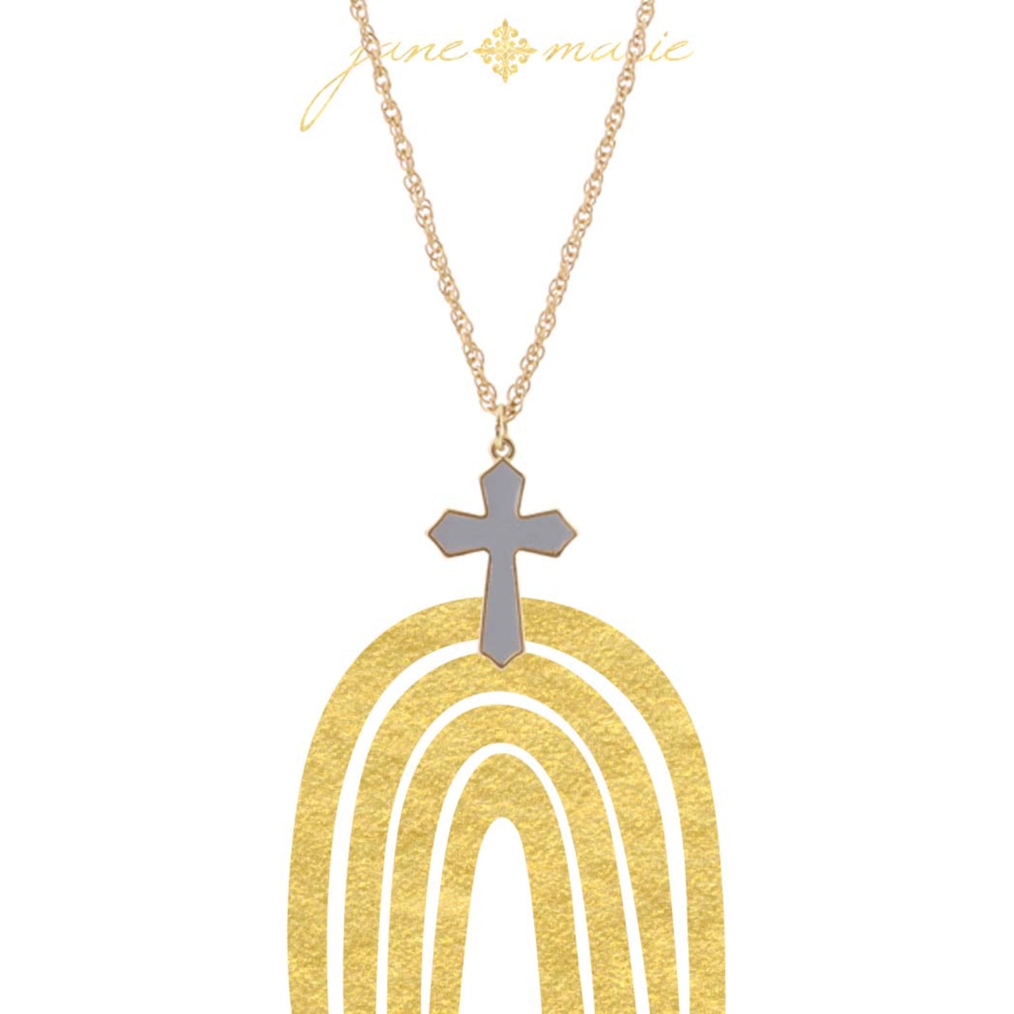 16" Grey Cross on Gold Chain Necklace, 3" Ext