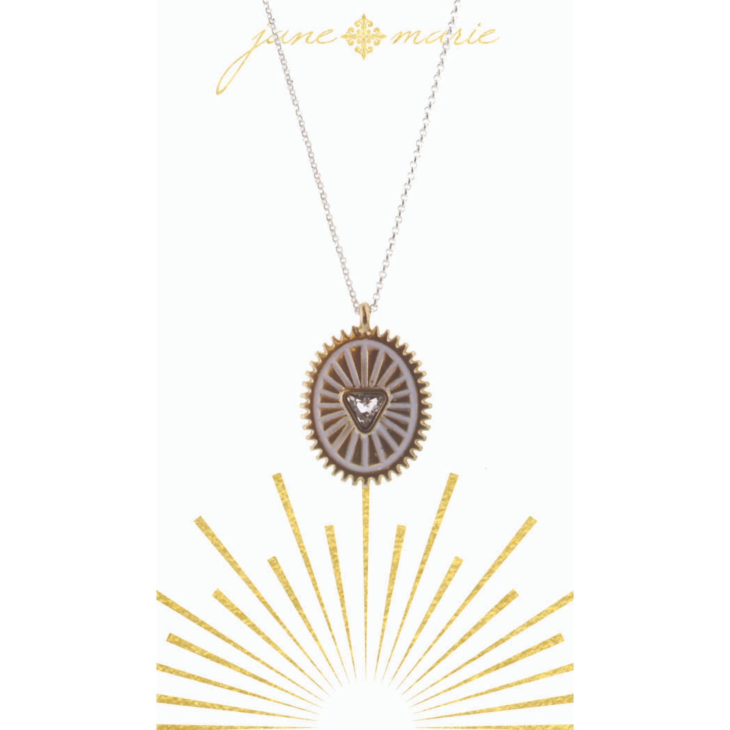 16" White Oval with Crystal Triangle on Silver Chain Necklace, 3" Ext
