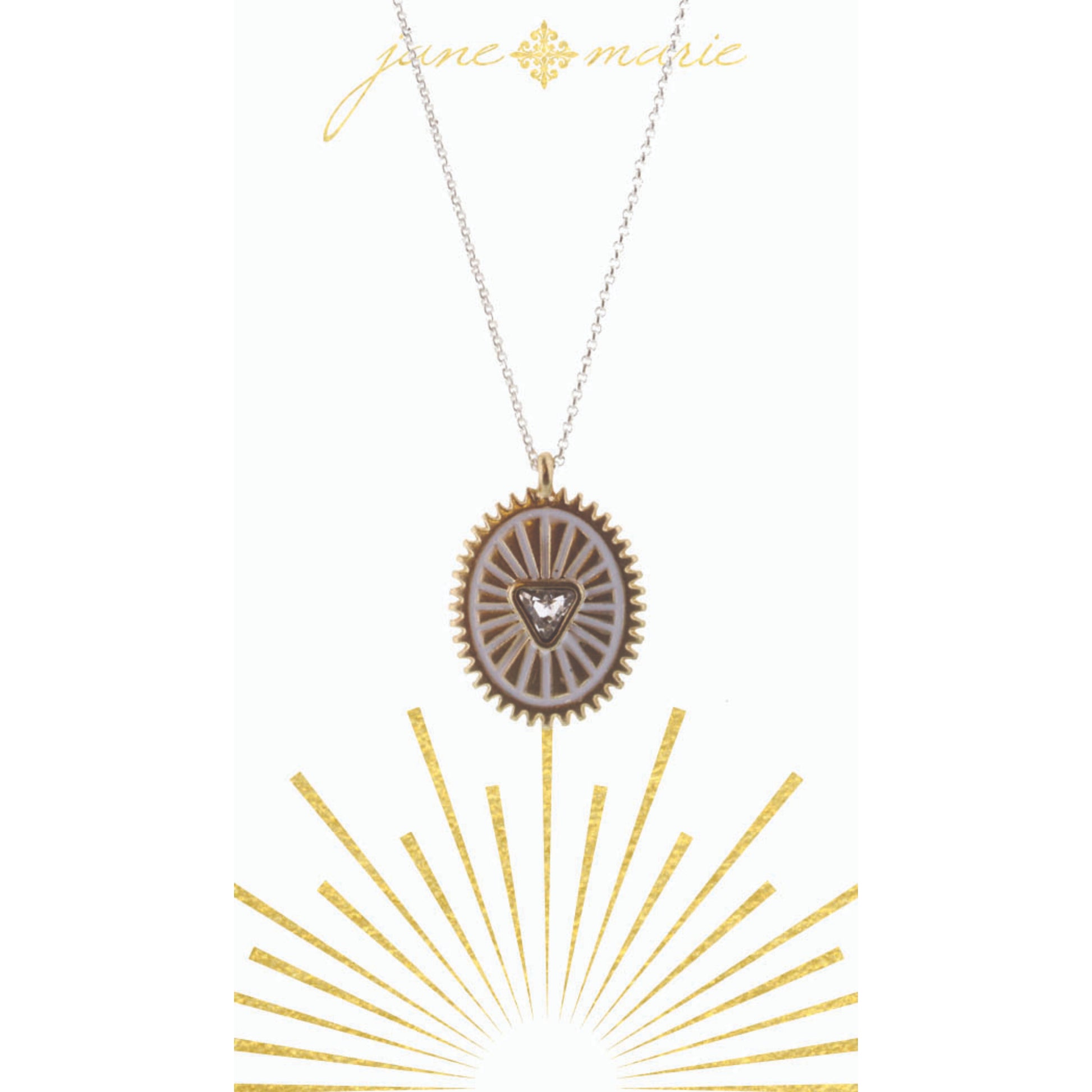 16" White Oval with Crystal Triangle on Silver Chain Necklace, 3" Ext