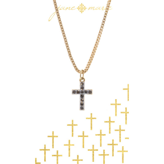 16" Grey Cross with Clear Crystals on Gold Chain Necklace, 3" Ext