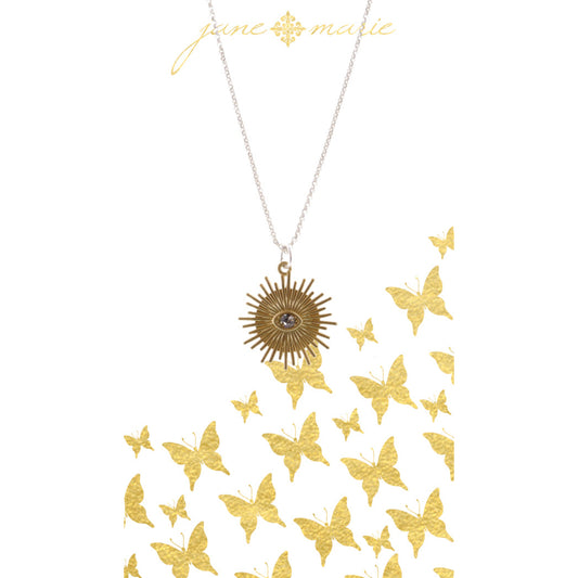 16" Gold Textured Ray Disc with Eye on Silver Chain Necklace, 3" Ext