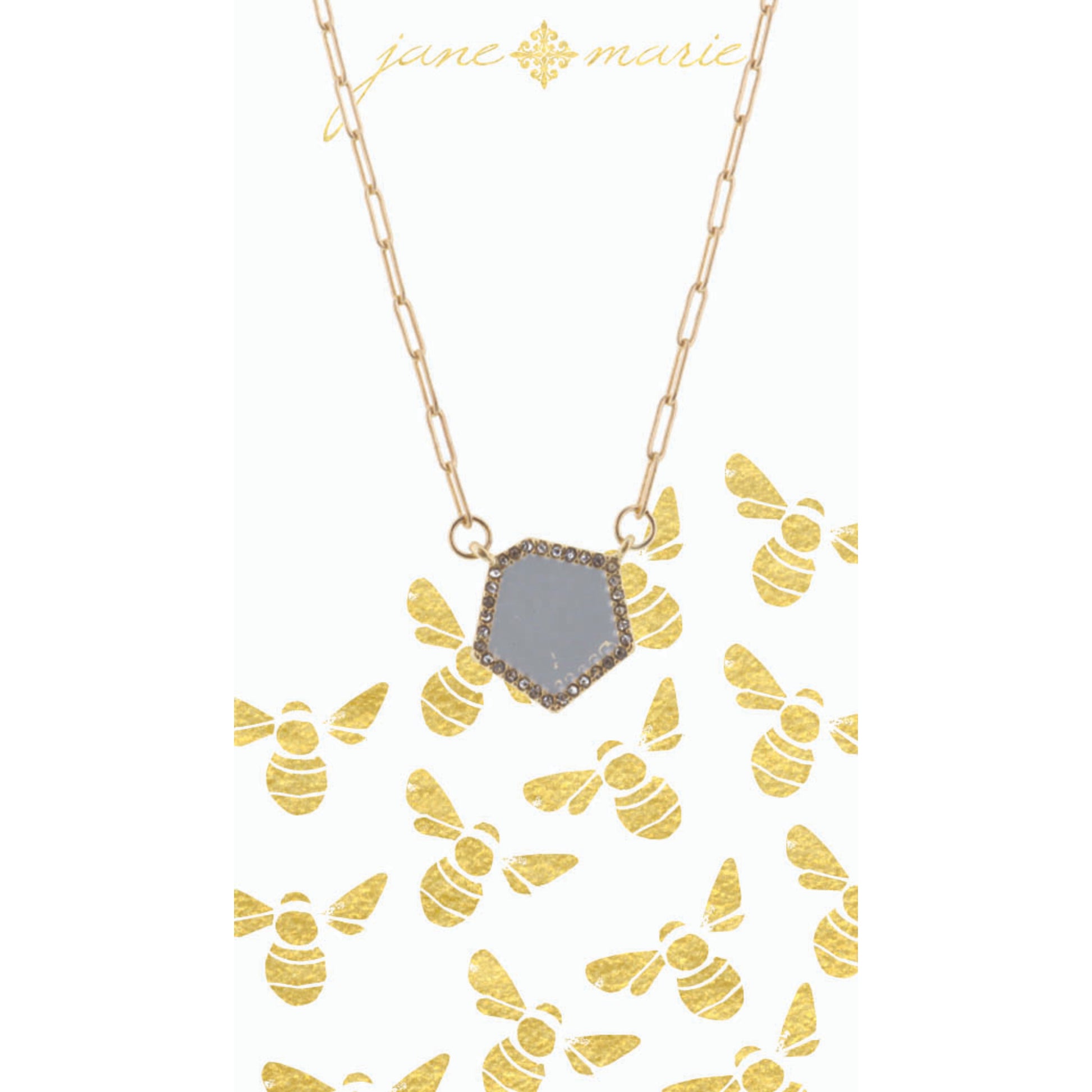 16" Grey Hexagon with Clear Crystals on Gold Chain Necklace, 3" Ext