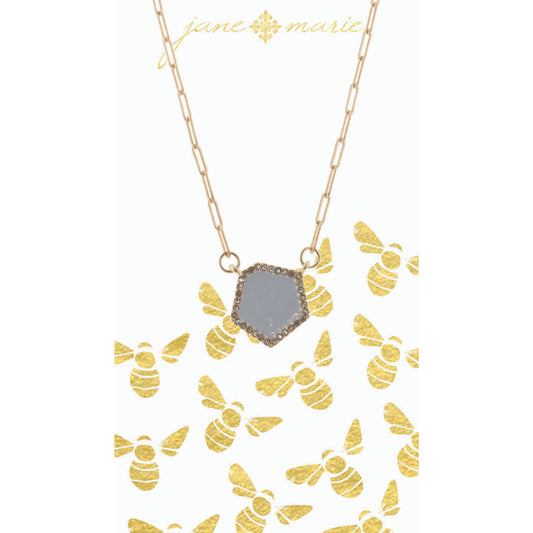 16" Grey Hexagon with Clear Crystals on Gold Chain Necklace, 3" Ext
