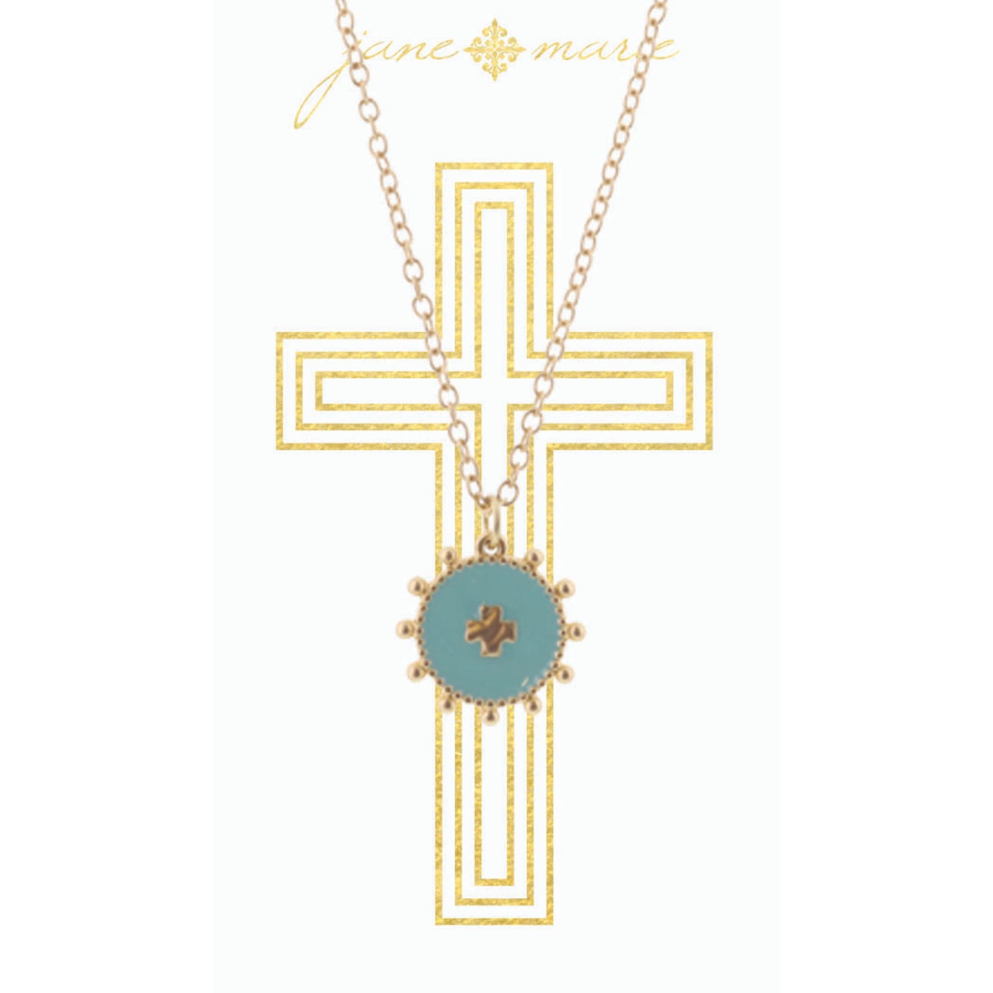 16" Mint Circle with Square Cross on Gold Chain Necklace, 3" Ext