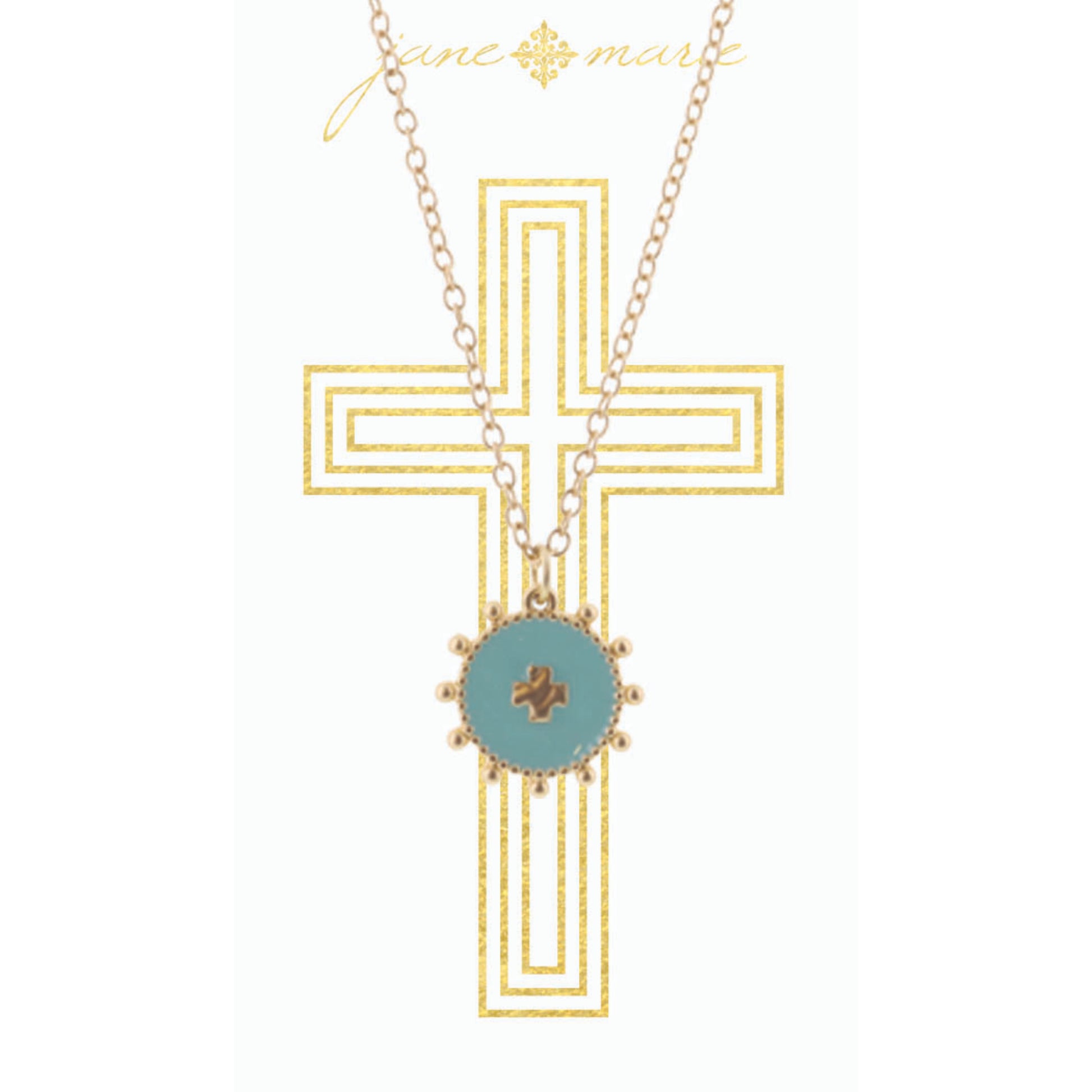 16" Mint Circle with Square Cross on Gold Chain Necklace, 3" Ext