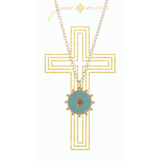 16" Mint Circle with Square Cross on Gold Chain Necklace, 3" Ext