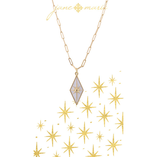 16" White Diamond with Starburst on Gold Chain Necklace, 3" Ext
