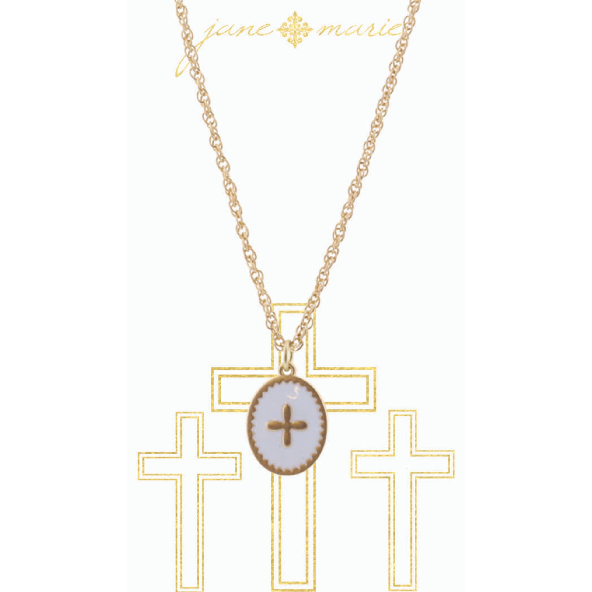 16" White Oval with Gold Cross on Gold Chain Necklace, 3" Ext