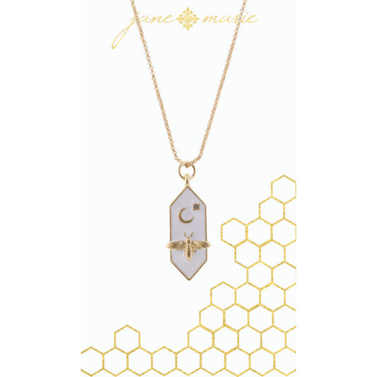 16" White Hexagon with Bee, Moon, and Star on Gold Chain Necklace, 3" Ext
