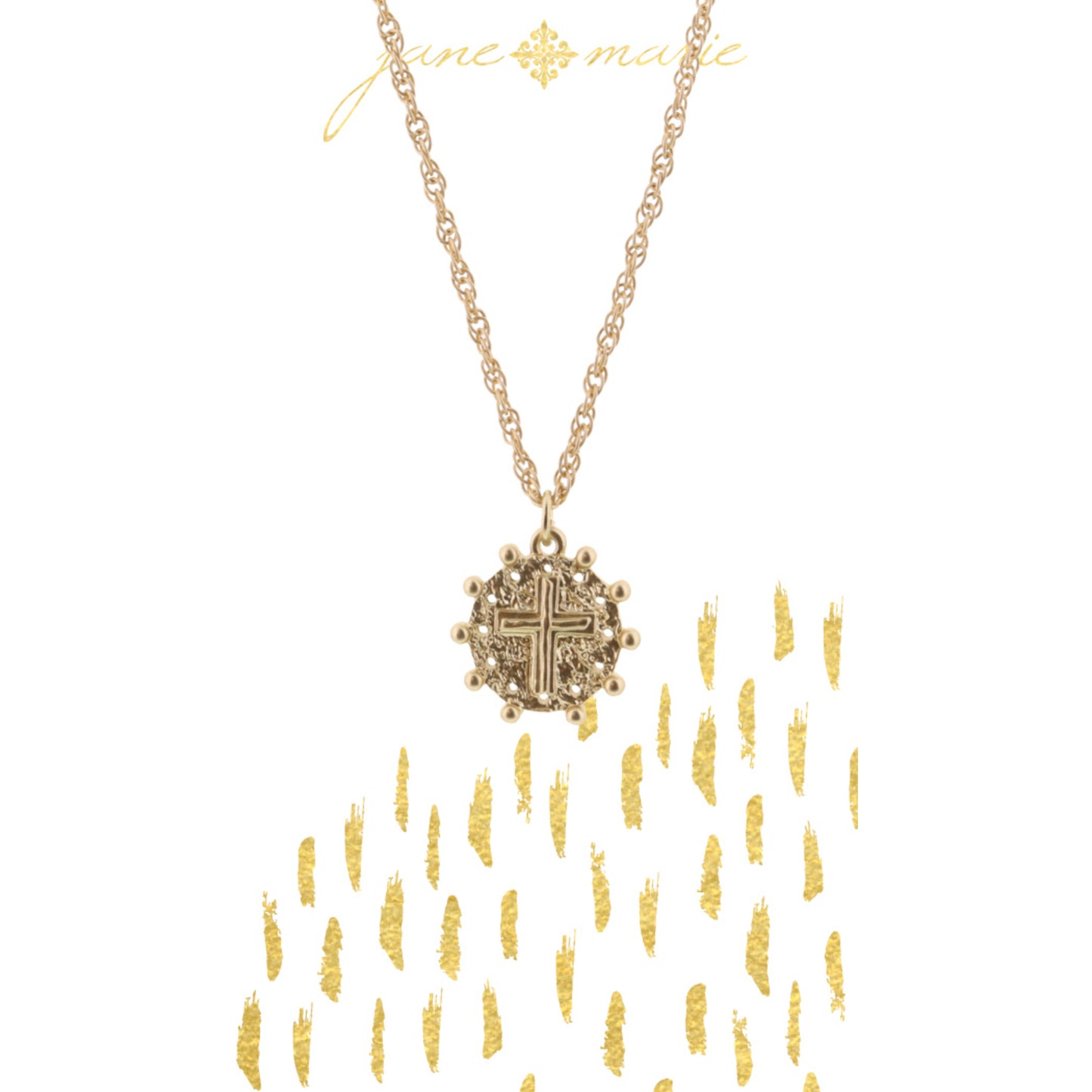 16" Gold Textured Cross on Disc om Gold Chain Necklace, 3" Ext
