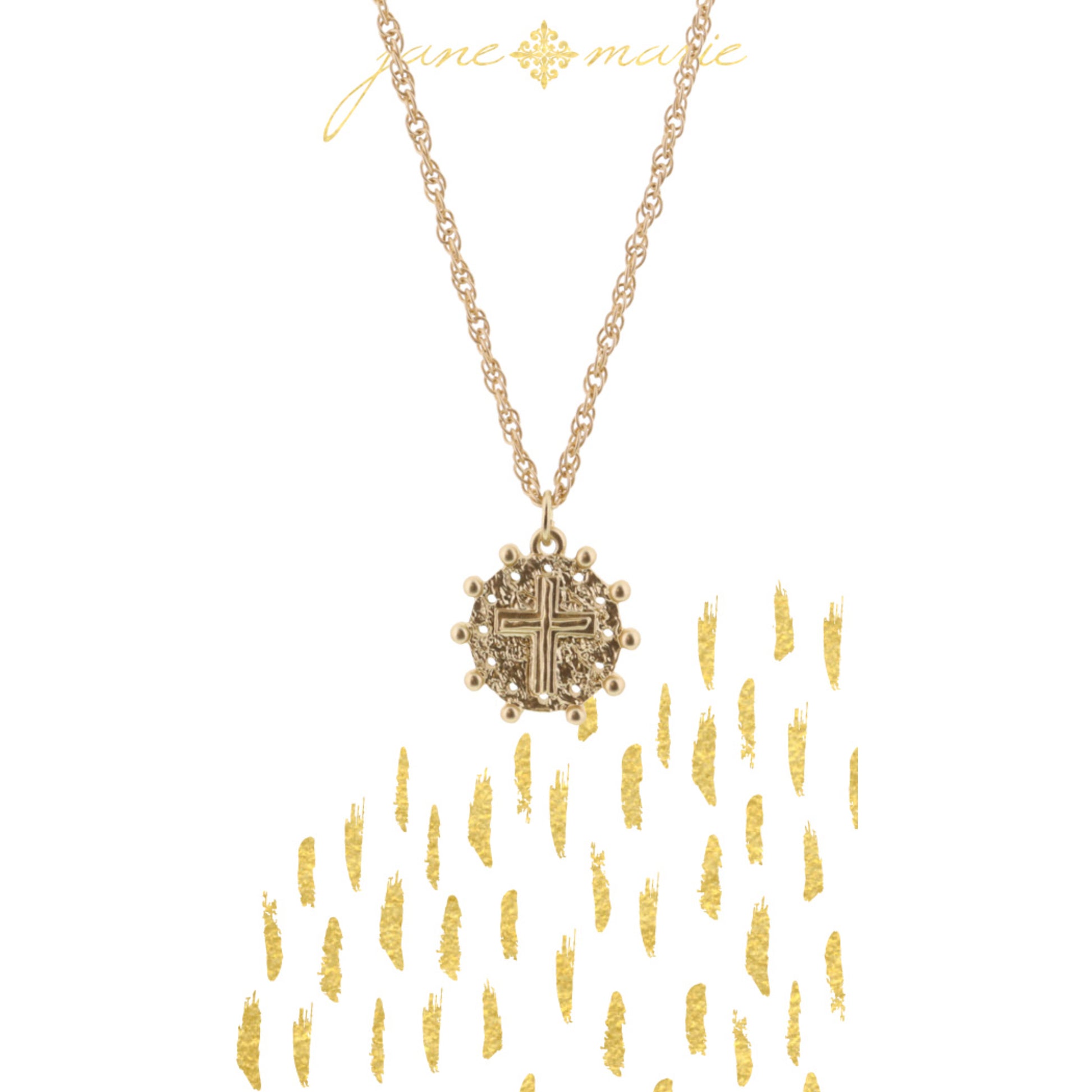 16" Gold Textured Cross on Disc om Gold Chain Necklace, 3" Ext