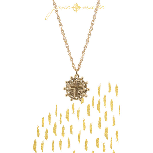 16" Gold Textured Cross on Disc om Gold Chain Necklace, 3" Ext
