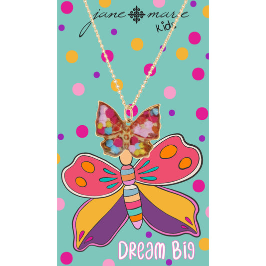 Kids 14" Multi Colored Printed Butterfly Necklace, 3" Ext