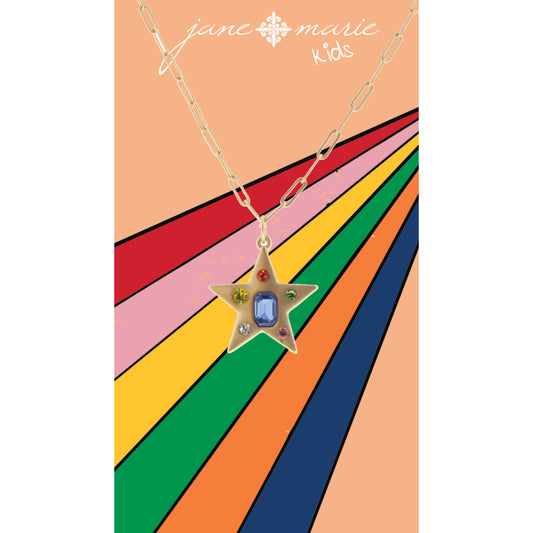 Kids 14" Rainbow Crystals in Gold Star Necklace, 3" Ext