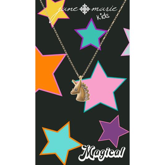 Kids 14" Gold & Clear Crystal Unicorn Head Necklace, 3" Ext