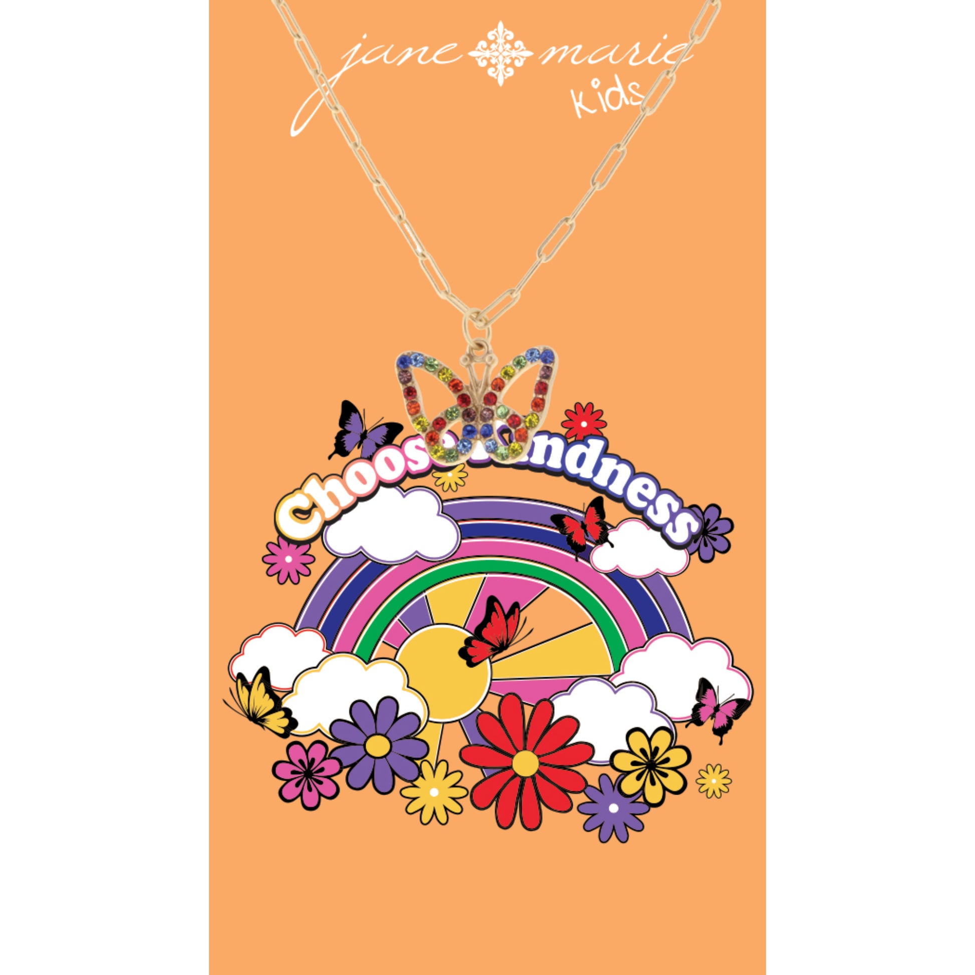Kids 14" Rainbow Crystal Butterfly Necklace, 3" Ext