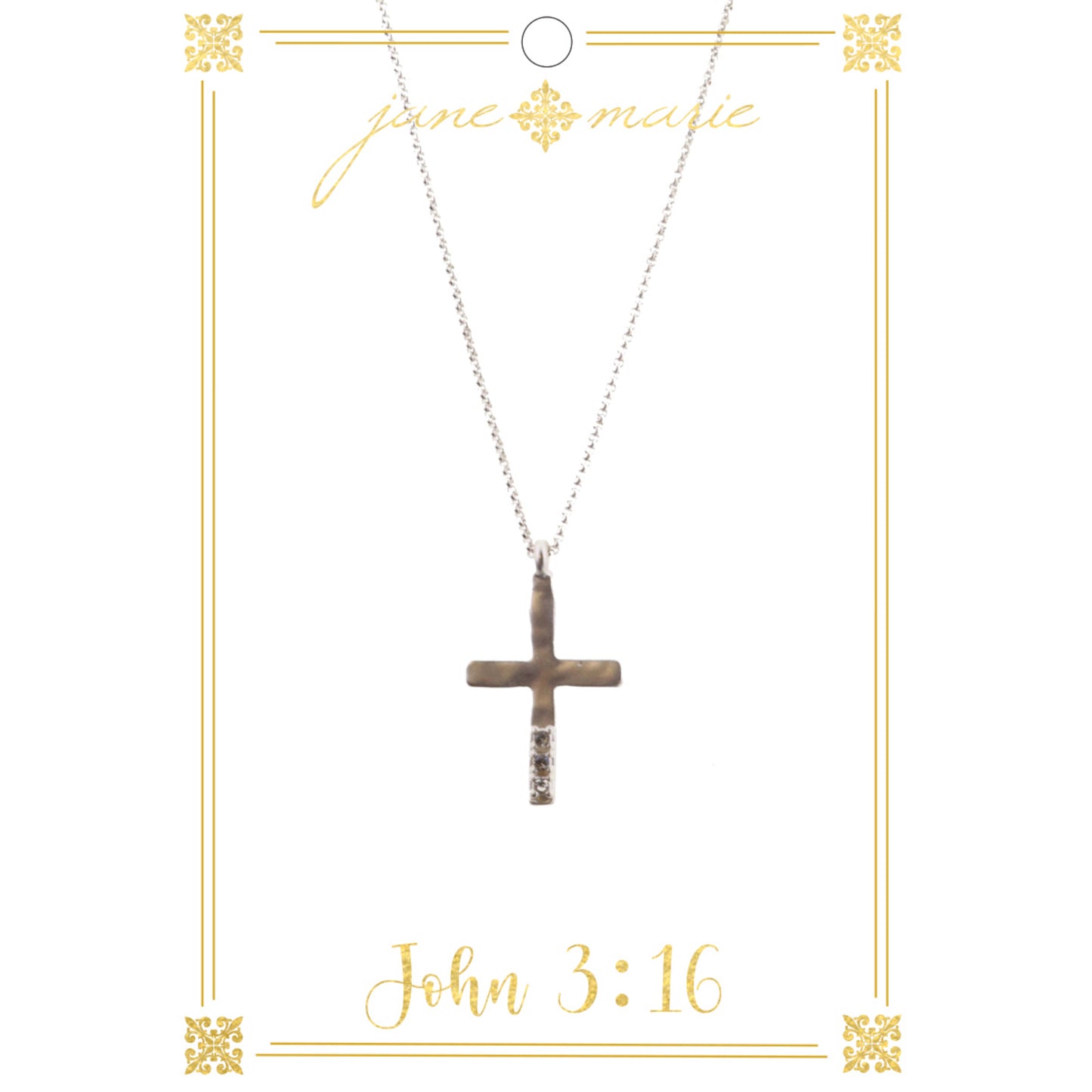 16" Silver Cross with Clear Crystals on Silver Chain Necklace, 3" Ext