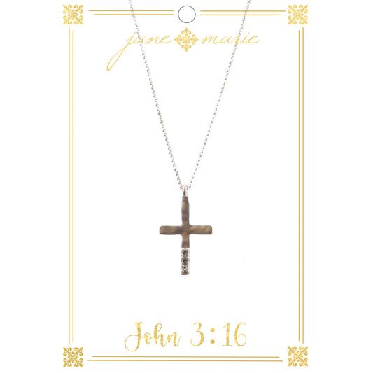 16" Silver Cross with Clear Crystals on Silver Chain Necklace, 3" Ext
