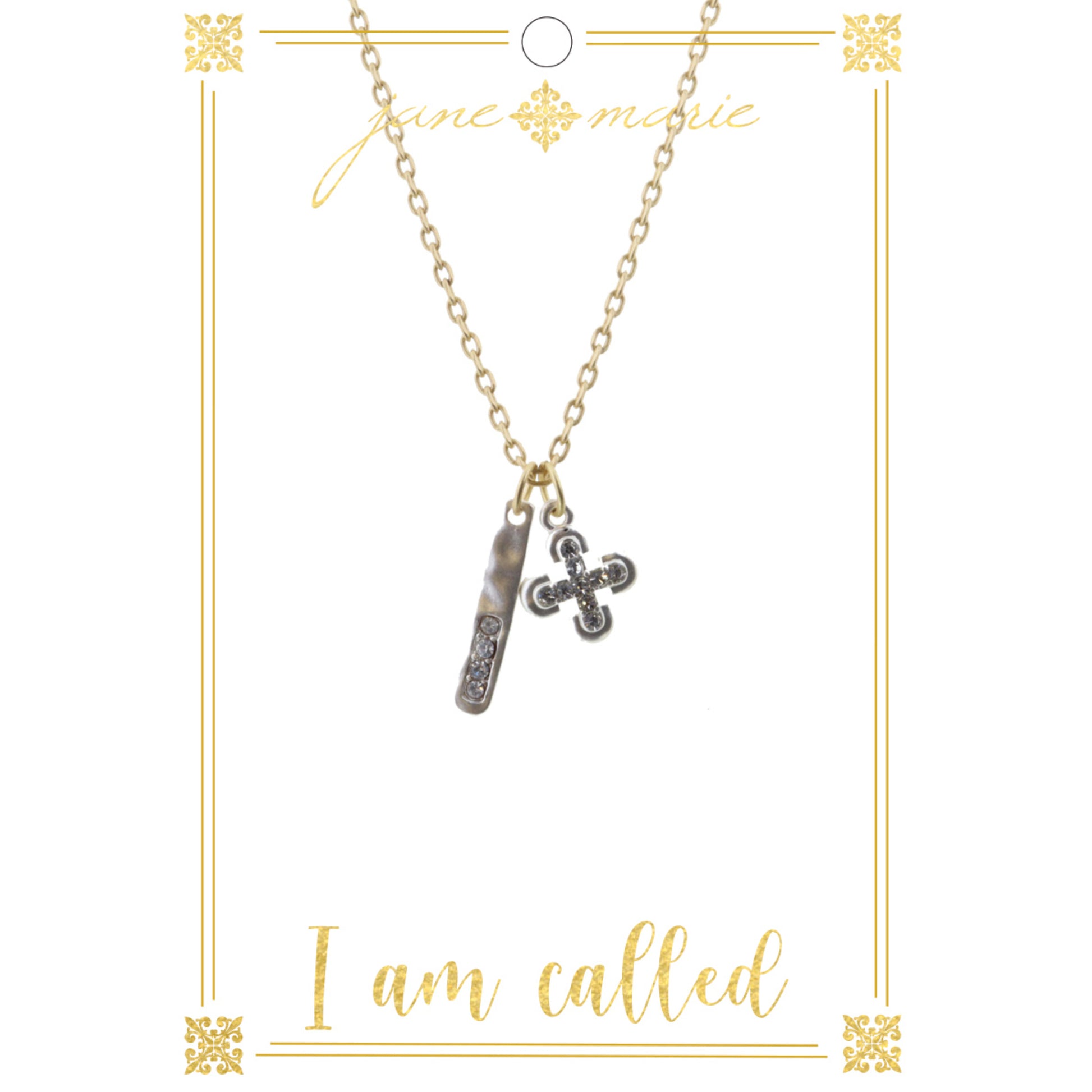16" Silver Clover Cross and Bar on Gold Chain Necklace, 3" Ext