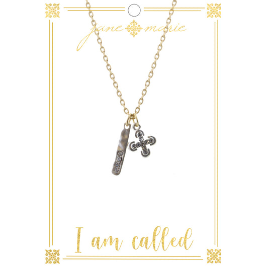 16" Silver Clover Cross and Bar on Gold Chain Necklace, 3" Ext