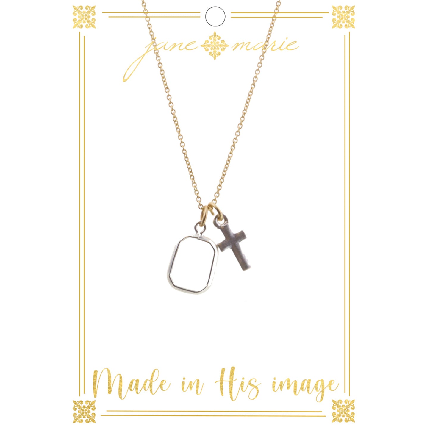 16" Clear Stone with Silver Cross on Gold Chain Necklace, 3" Ext