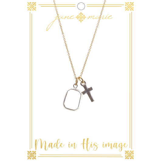 16" Clear Stone with Silver Cross on Gold Chain Necklace, 3" Ext