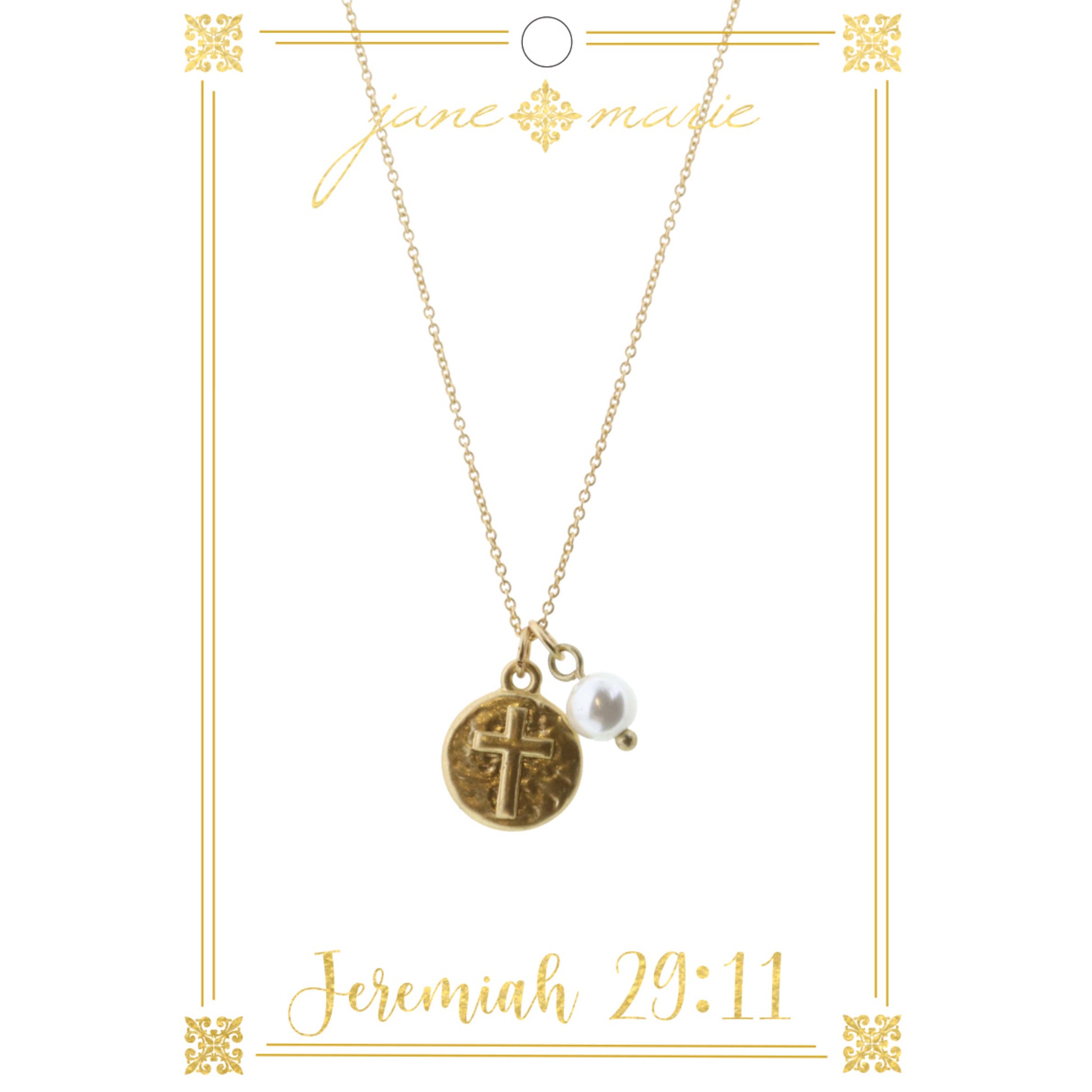 16" Cross Disc with Mini Pearl on Gold Chain Necklace, 3" Ext
