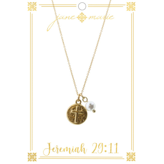 16" Cross Disc with Mini Pearl on Gold Chain Necklace, 3" Ext