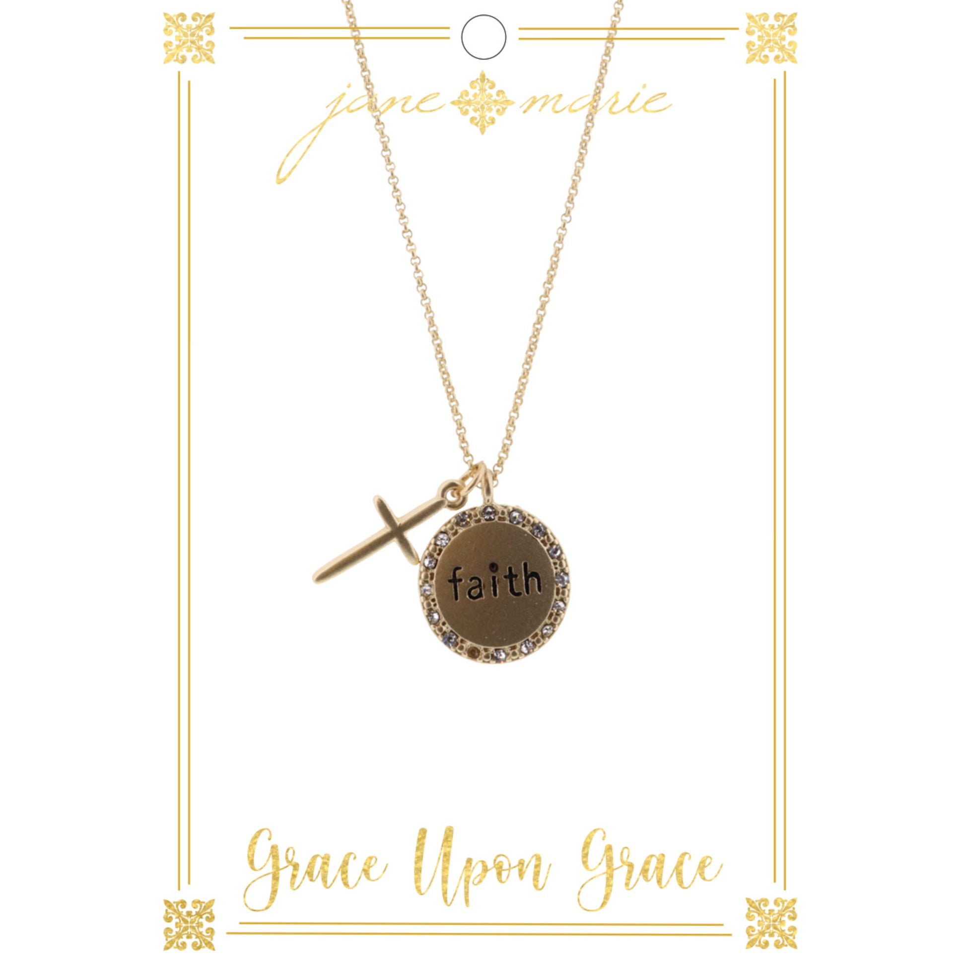 16" Faith Circle Disc with Gold Cross on Gold Chain Necklace, 3" Ext