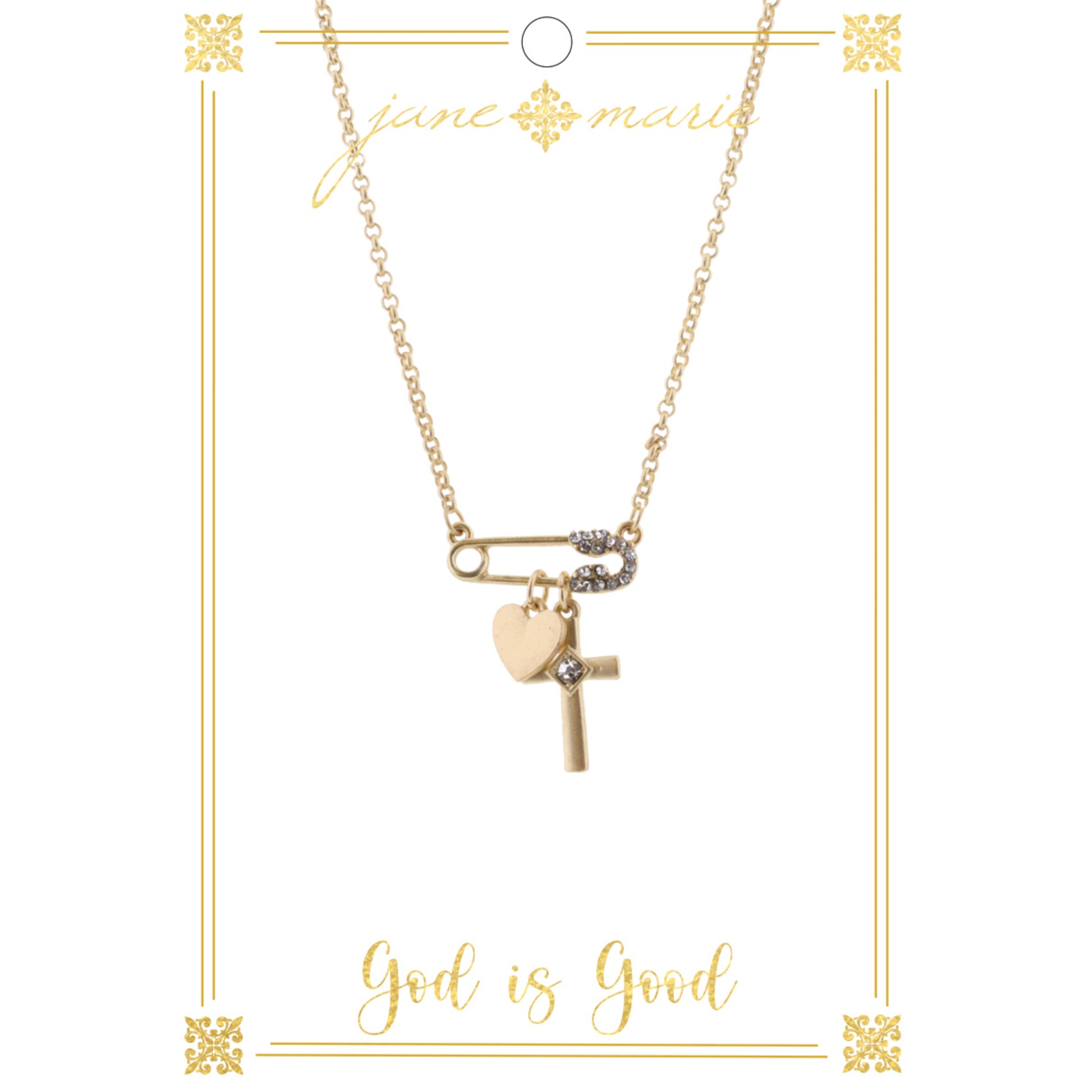 16" Gold Pin with Cross and Heart Charms on Gold Chain Necklace, 3" Ext