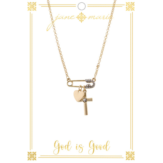 16" Gold Pin with Cross and Heart Charms on Gold Chain Necklace, 3" Ext