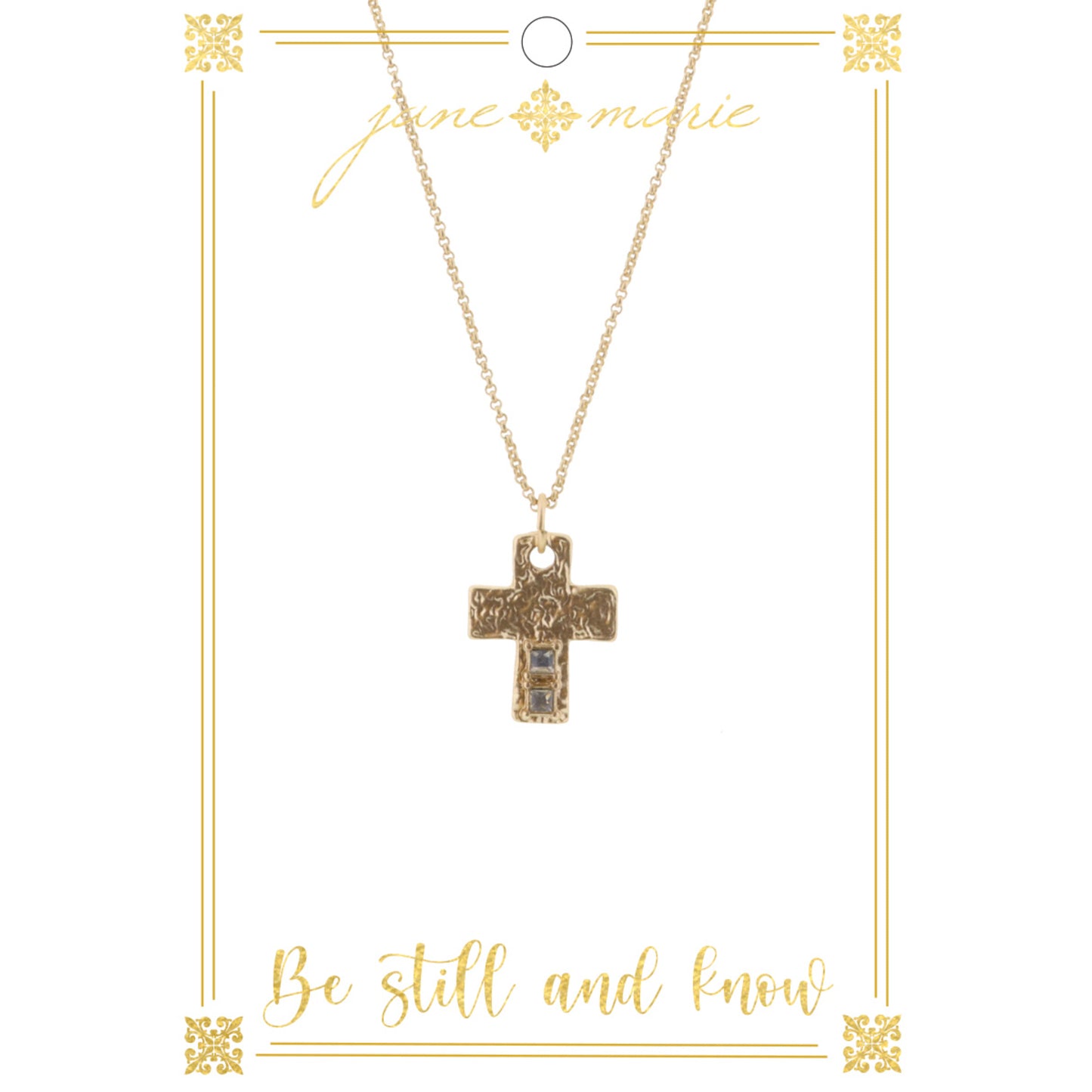 16" Gold Hammered Cross with Crystals on Gold Chain Necklace, 3" Ext