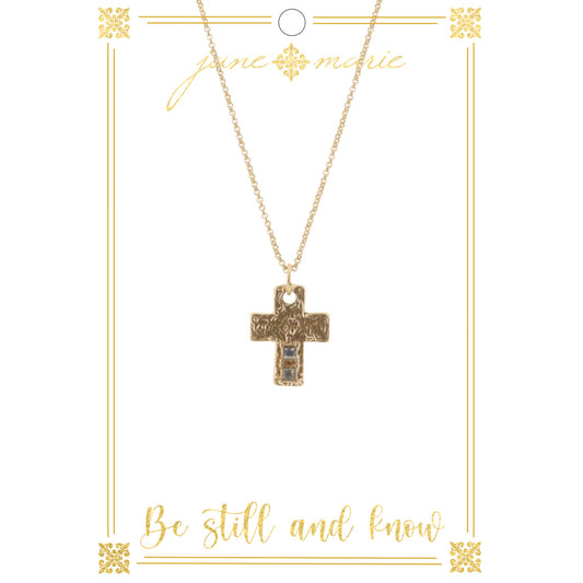 16" Gold Hammered Cross with Crystals on Gold Chain Necklace, 3" Ext
