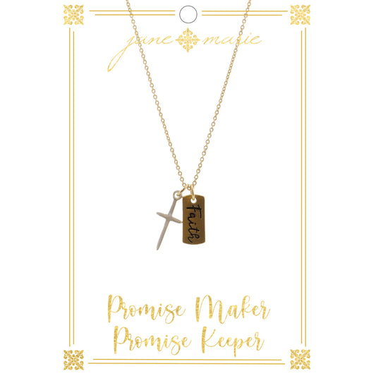 16" Faith Tag with Silver Cross on Gold Chain Necklace, 3" Ext