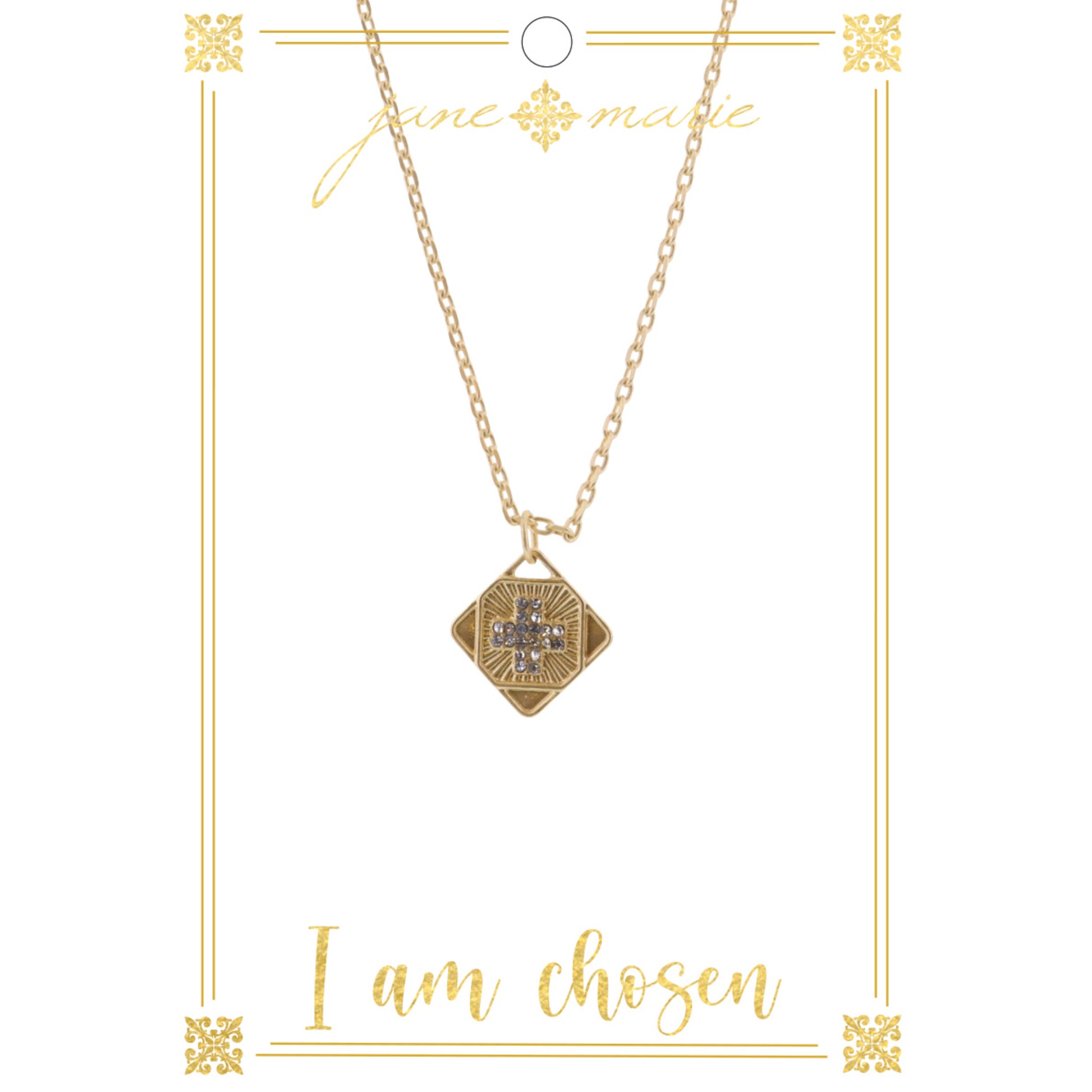 16" Gold Diamond Disc with Crystal Cross on Gold Chain Necklace, 3" Ext