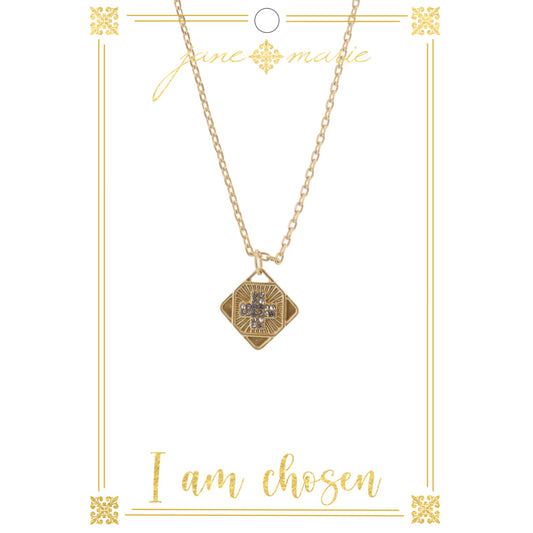 16" Gold Diamond Disc with Crystal Cross on Gold Chain Necklace, 3" Ext