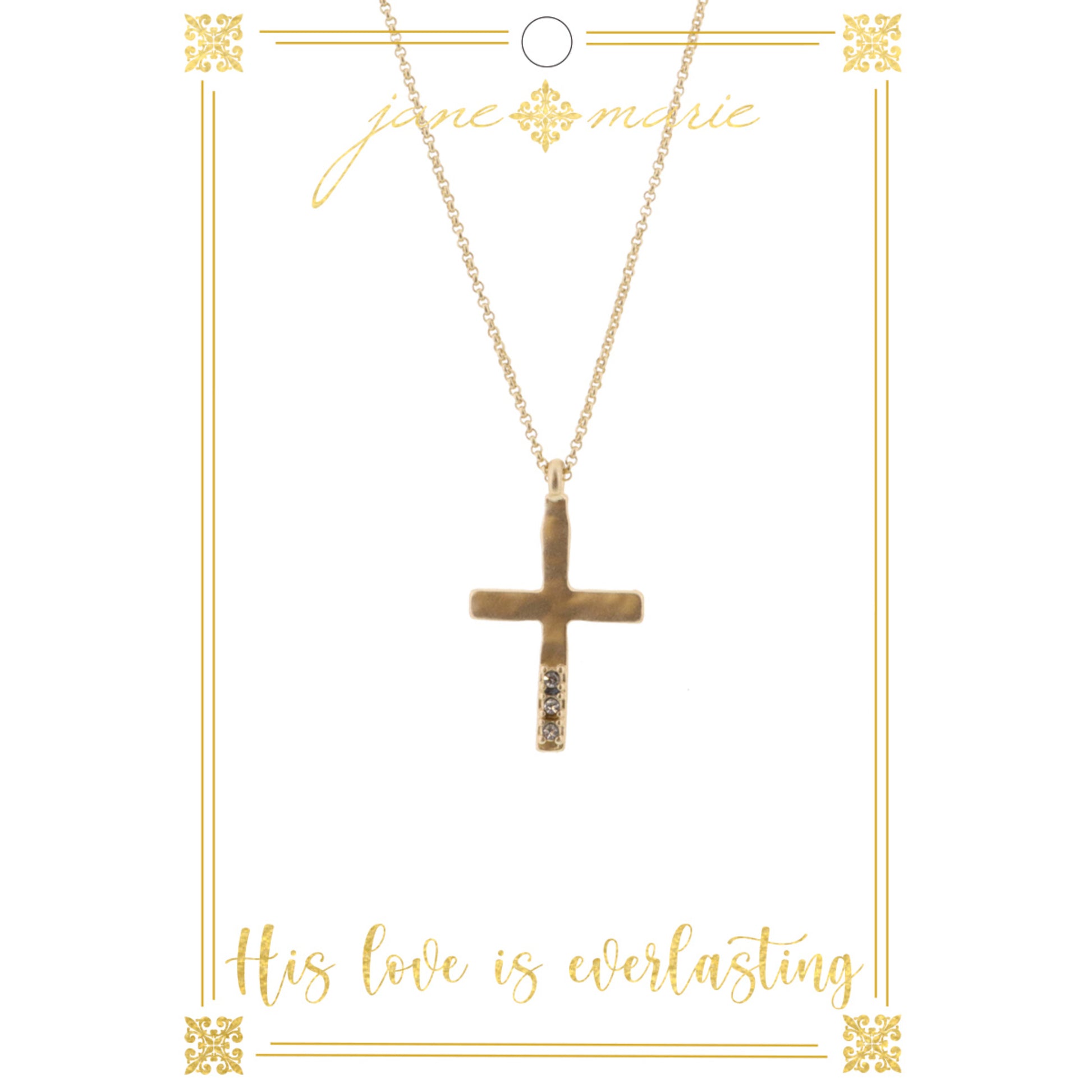 16" Gold Cross with Clear Crystals on Gold Chain Necklace, 3" Ext
