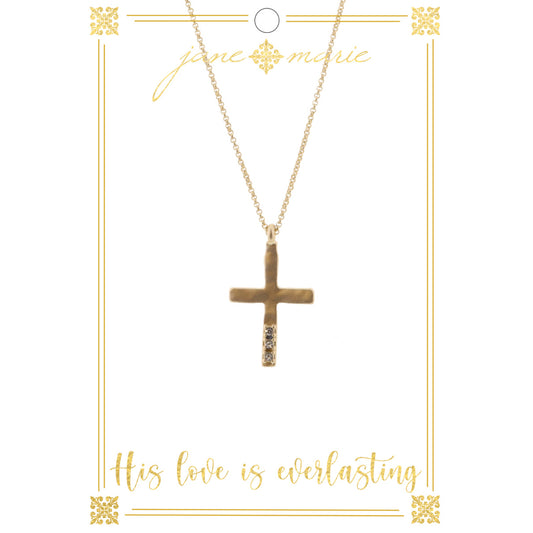 16" Gold Cross with Clear Crystals on Gold Chain Necklace, 3" Ext