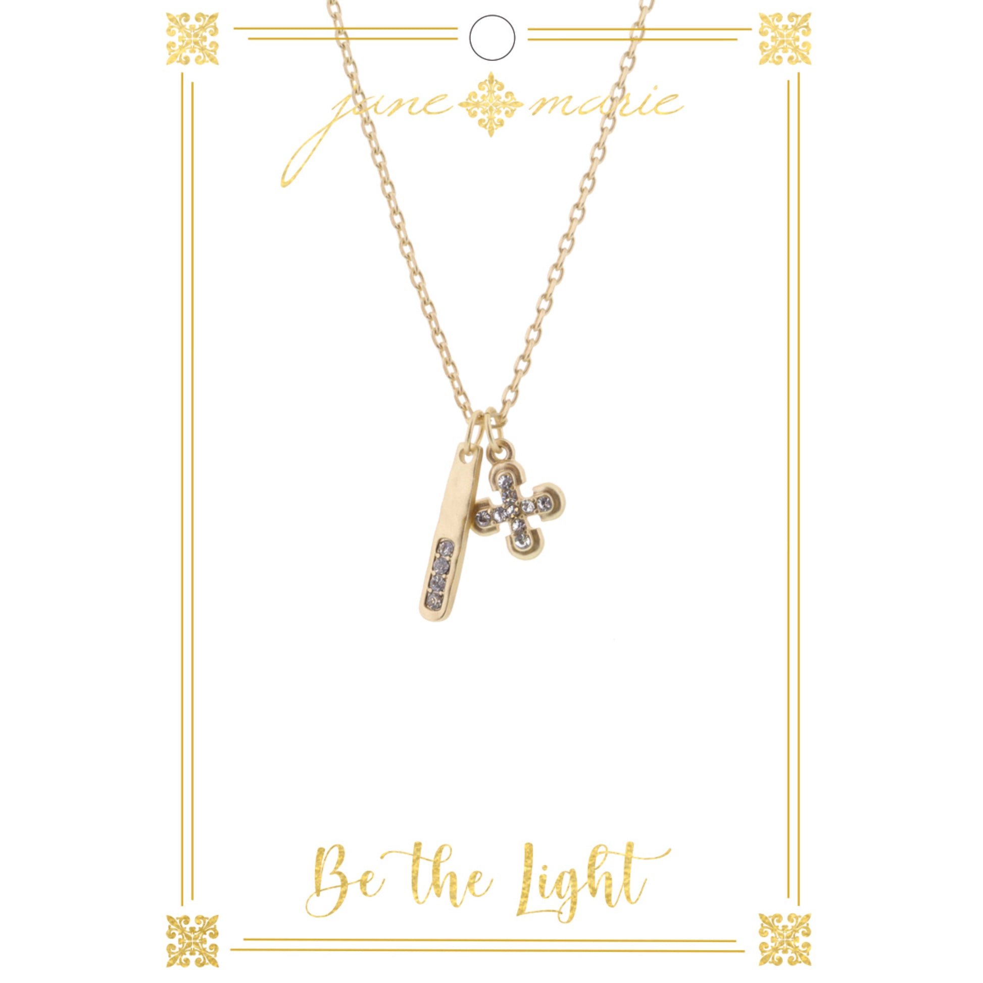 16" Gold Clover Cross and Bar on Gold Chain Necklace, 3" Ext