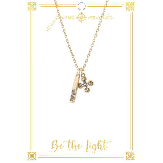 16" Gold Clover Cross and Bar on Gold Chain Necklace, 3" Ext
