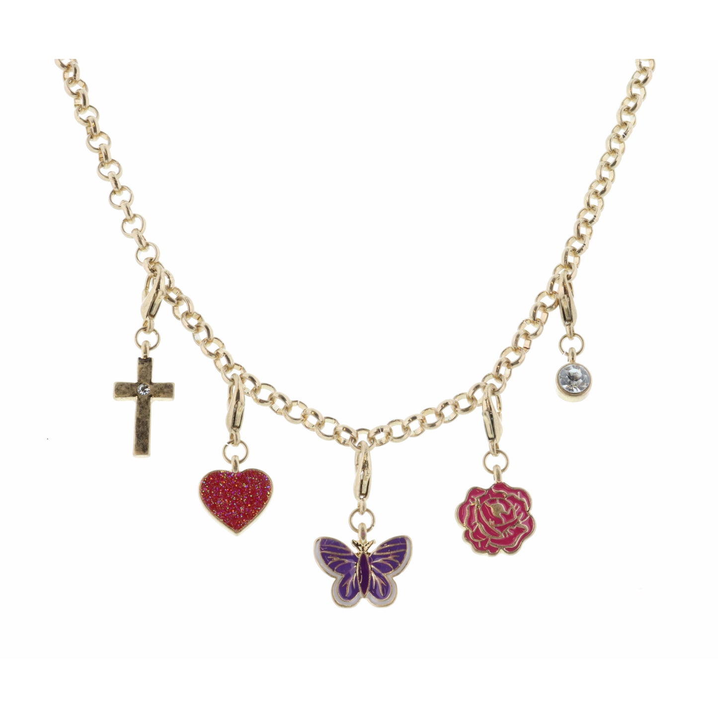 Kids 14" Cross and Coordinating Removeable Charms Necklace, 3" Ext