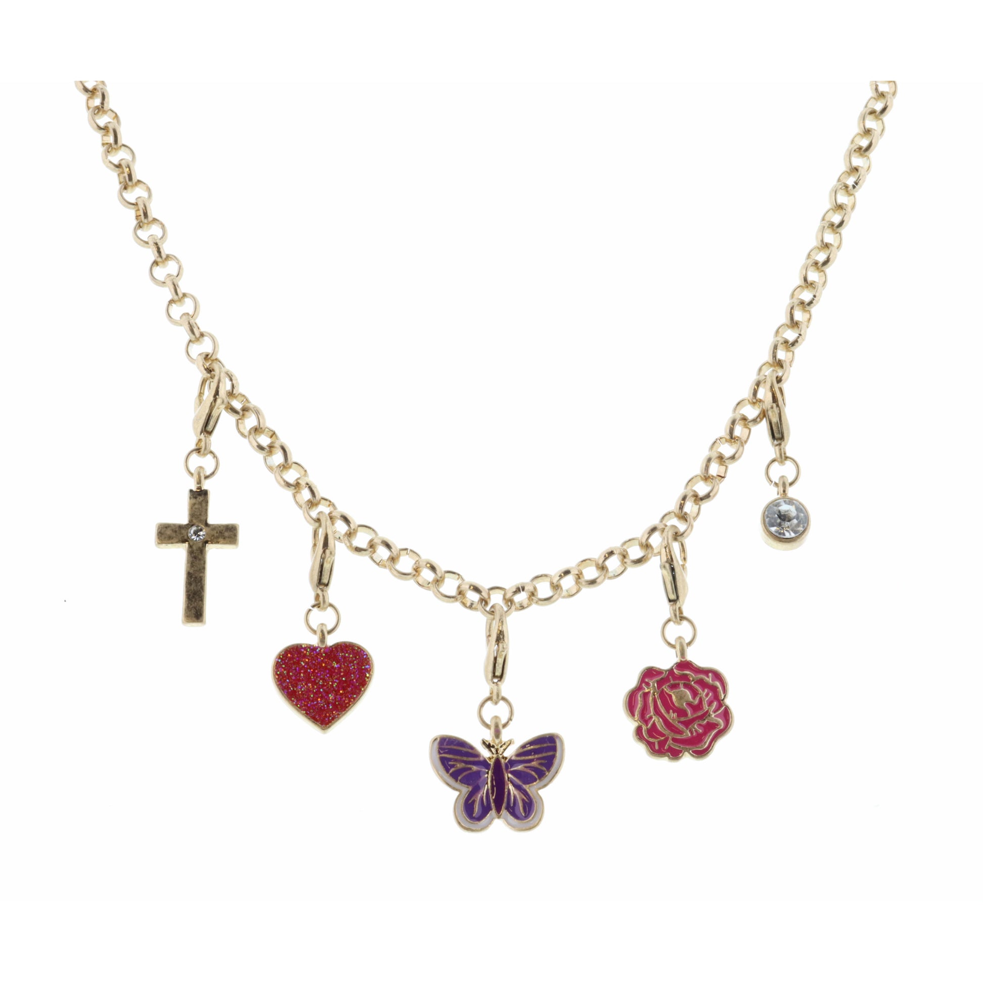 Kids 14" Cross and Coordinating Removeable Charms Necklace, 3" Ext