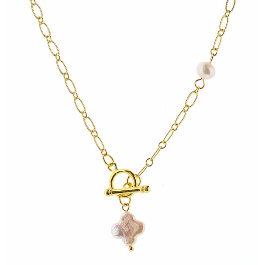 18" Pearl Clover with Toggle on Gold Chain with Faceted Pearl Necklace