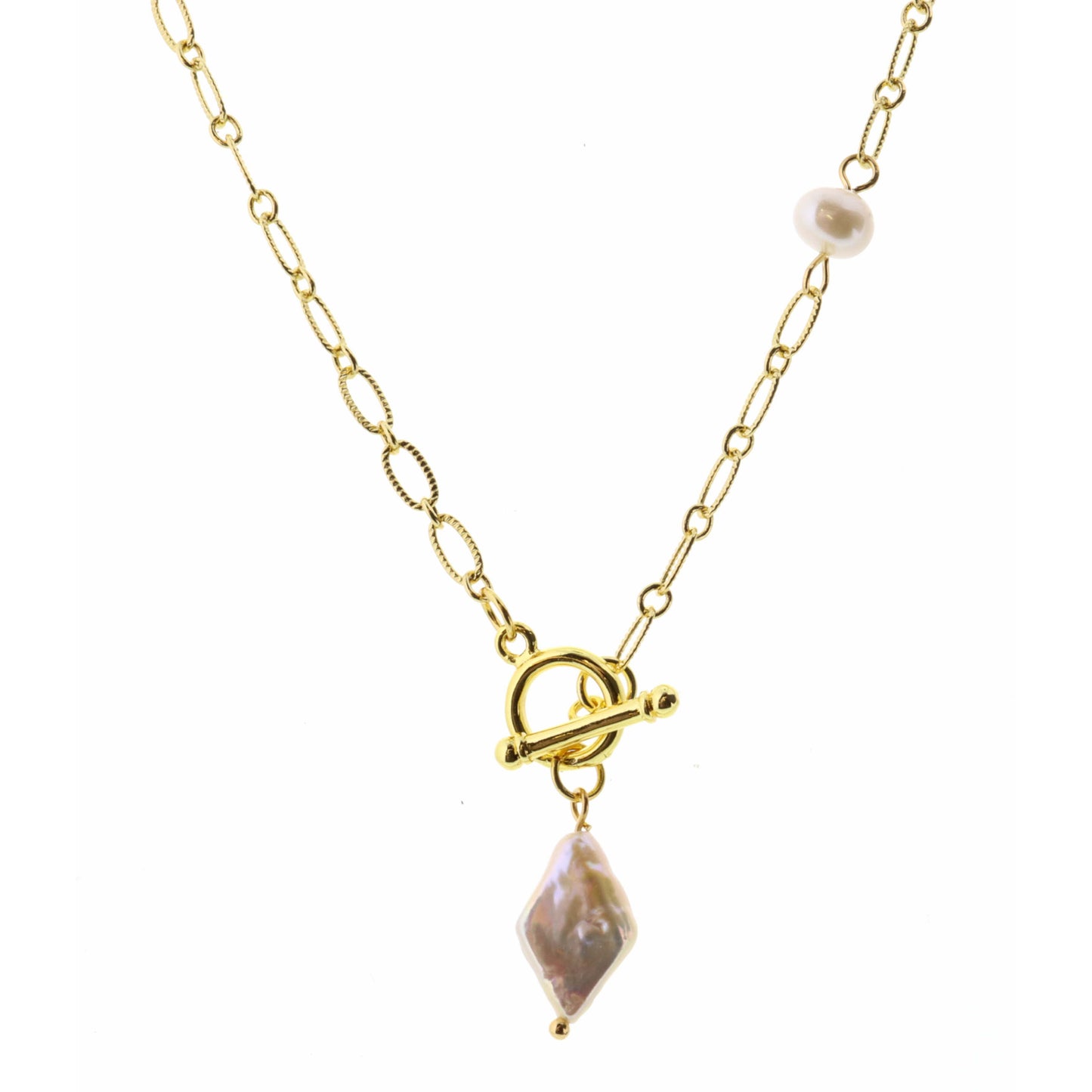 18" Pearl Diamond with Toggle on Gold Chain with Faceted Pearl Necklace